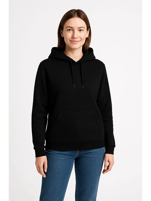 Kadın Üç İplik Kapüşonlu Kanguru Cepli Sweatshirt Hoodie - Siyah