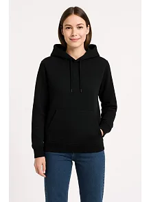 Kadın Üç İplik Kapüşonlu Kanguru Cepli Sweatshirt Hoodie - Siyah