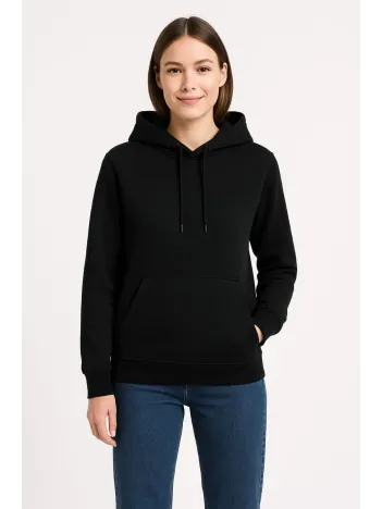 Kadın Üç İplik Kapüşonlu Kanguru Cepli Sweatshirt hoodie - Siyah Kadın Üç İplik Kapüşonlu Kanguru Cepli Sweatshirt hoodie - Siyah