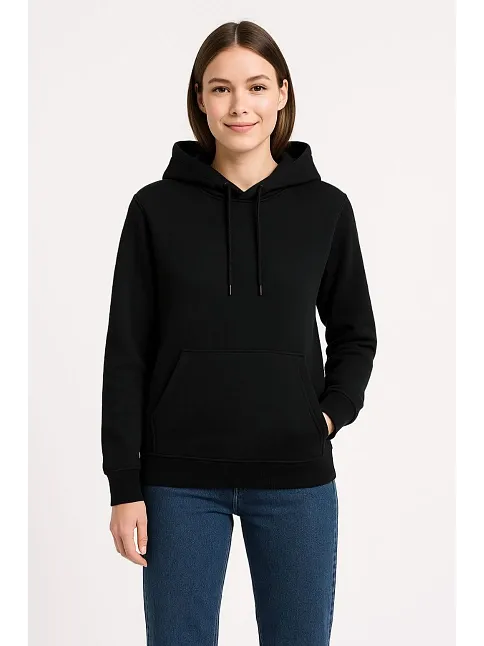 Kadın Üç İplik Kapüşonlu Kanguru Cepli Sweatshirt Hoodie - Siyah