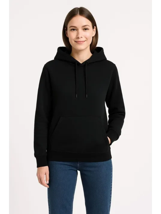 Kadın Üç İplik Kapüşonlu Kanguru Cepli Sweatshirt hoodie - Siyah Kadın Üç İplik Kapüşonlu Kanguru Cepli Sweatshirt hoodie - Siyah