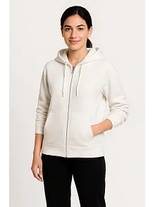 Kadın Üç İplik Kapüşonlu Tam Fermuarlı Kanguru Çepli Sweatshirt Hoodie - Beyaz