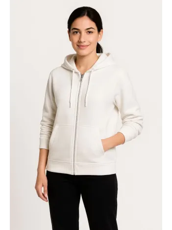 Kadın Üç İplik Kapüşonlu Tam Fermuarlı Kanguru Çepli SweatShirt Hoodie - Beyaz Kadın Üç İplik Kapüşonlu Tam Fermuarlı Kanguru Çepli SweatShirt Hoodie - Beyaz