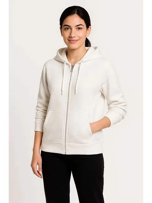 Kadın Üç İplik Kapüşonlu Tam Fermuarlı Kanguru Çepli Sweatshirt Hoodie - Beyaz
