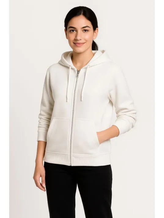 Kadın Üç İplik Kapüşonlu Tam Fermuarlı Kanguru Çepli SweatShirt Hoodie - Beyaz Kadın Üç İplik Kapüşonlu Tam Fermuarlı Kanguru Çepli SweatShirt Hoodie - Beyaz