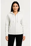 Kadın Üç İplik Kapüşonlu Tam Fermuarlı Kanguru Çepli Sweatshirt Hoodie - Beyaz