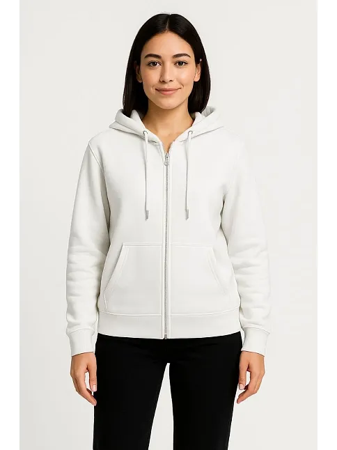 Kadın Üç İplik Kapüşonlu Tam Fermuarlı Kanguru Çepli Sweatshirt Hoodie - Beyaz