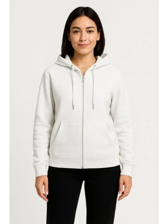 Kadın Üç İplik Kapüşonlu Tam Fermuarlı Kanguru Çepli SweatShirt Hoodie - Beyaz Kadın Üç İplik Kapüşonlu Tam Fermuarlı Kanguru Çepli SweatShirt Hoodie - Beyaz