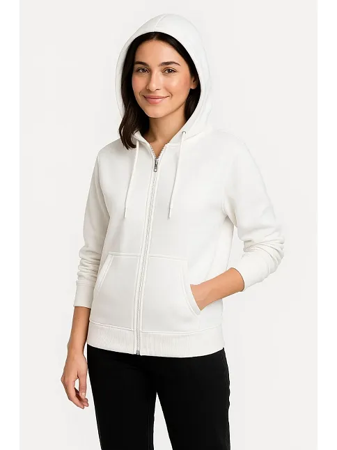 Kadın Üç İplik Kapüşonlu Tam Fermuarlı Kanguru Çepli Sweatshirt Hoodie - Beyaz