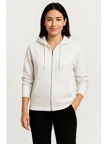 Kadın Üç İplik Kapüşonlu Tam Fermuarlı Kanguru Çepli Sweatshirt Hoodie - Beyaz