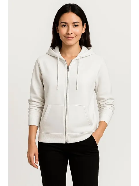 Kadın Üç İplik Kapüşonlu Tam Fermuarlı Kanguru Çepli Sweatshirt Hoodie - Beyaz