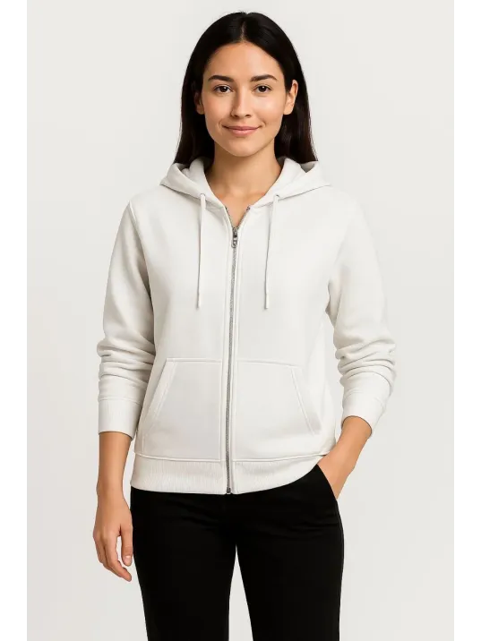 Kadın Üç İplik Kapüşonlu Tam Fermuarlı Kanguru Çepli SweatShirt Hoodie - Beyaz Kadın Üç İplik Kapüşonlu Tam Fermuarlı Kanguru Çepli SweatShirt Hoodie - Beyaz