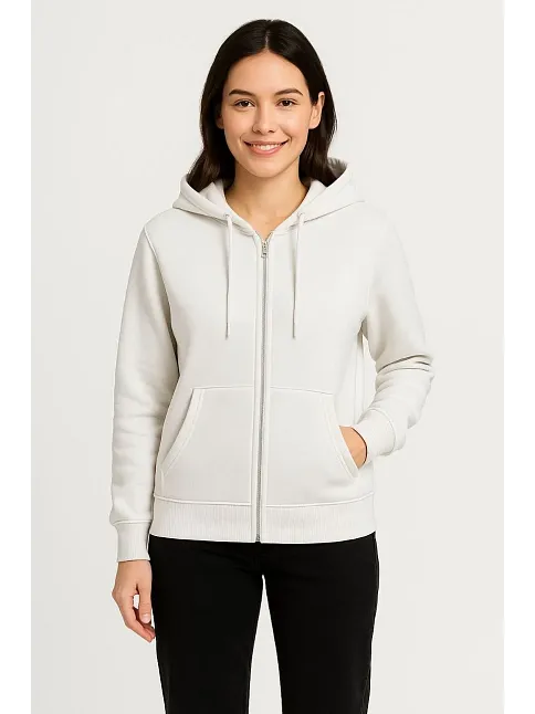 Kadın Üç İplik Kapüşonlu Tam Fermuarlı Kanguru Çepli Sweatshirt Hoodie - Beyaz