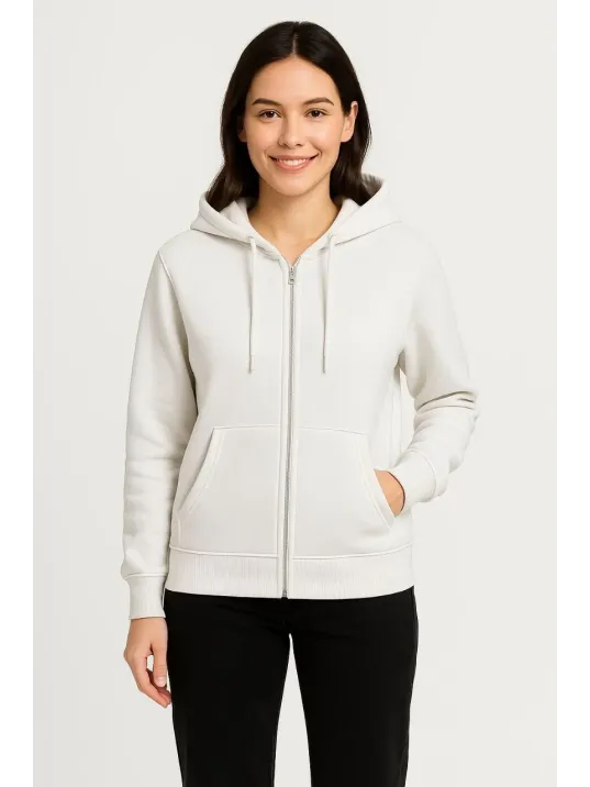 Kadın Üç İplik Kapüşonlu Tam Fermuarlı Kanguru Çepli SweatShirt Hoodie - Beyaz Kadın Üç İplik Kapüşonlu Tam Fermuarlı Kanguru Çepli SweatShirt Hoodie - Beyaz