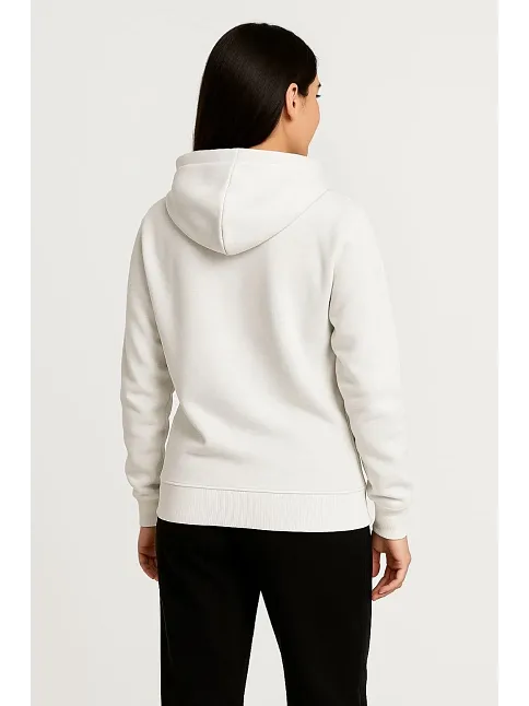 Kadın Üç İplik Kapüşonlu Tam Fermuarlı Kanguru Çepli Sweatshirt Hoodie - Beyaz