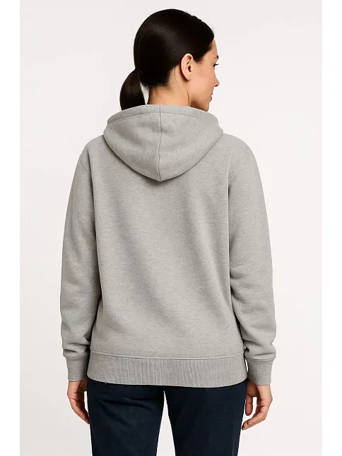 Kadın Üç İplik Kapüşonlu Tam Fermuarlı Kanguru Çepli Sweatshirt Hoodie - Gri