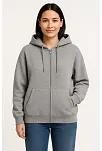 Kadın Üç İplik Kapüşonlu Tam Fermuarlı Kanguru Çepli Sweatshirt Hoodie - Gri
