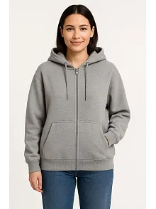 Kadın Üç İplik Kapüşonlu Tam Fermuarlı Kanguru Çepli Sweatshirt Hoodie - Gri
