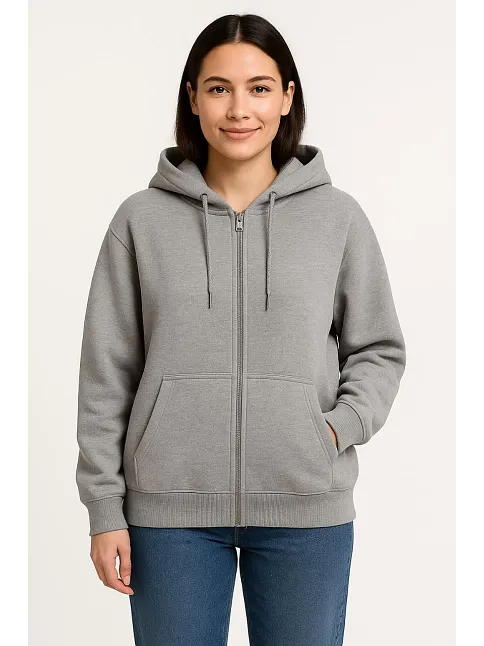 Kadın Üç İplik Kapüşonlu Tam Fermuarlı Kanguru Çepli Sweatshirt Hoodie - Gri