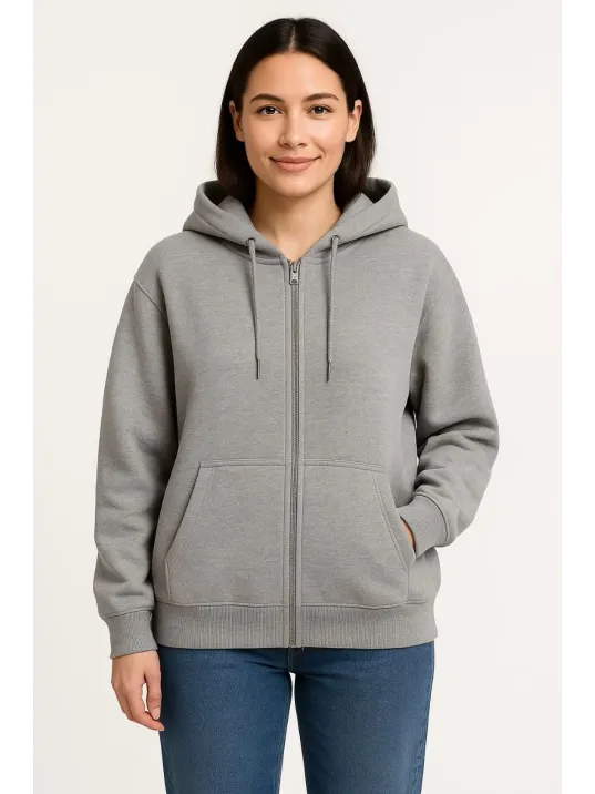 Kadın Üç İplik Kapüşonlu Tam Fermuarlı Kanguru Çepli SweatShirt Hoodie - Gri Kadın Üç İplik Kapüşonlu Tam Fermuarlı Kanguru Çepli SweatShirt Hoodie - Gri
