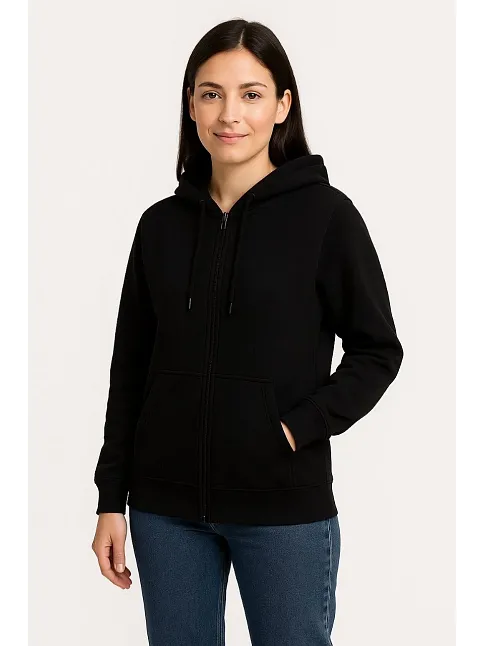 Kadın Üç İplik Kapüşonlu Tam Fermuarlı Kanguru Çepli Sweatshirt Hoodie - Siyah