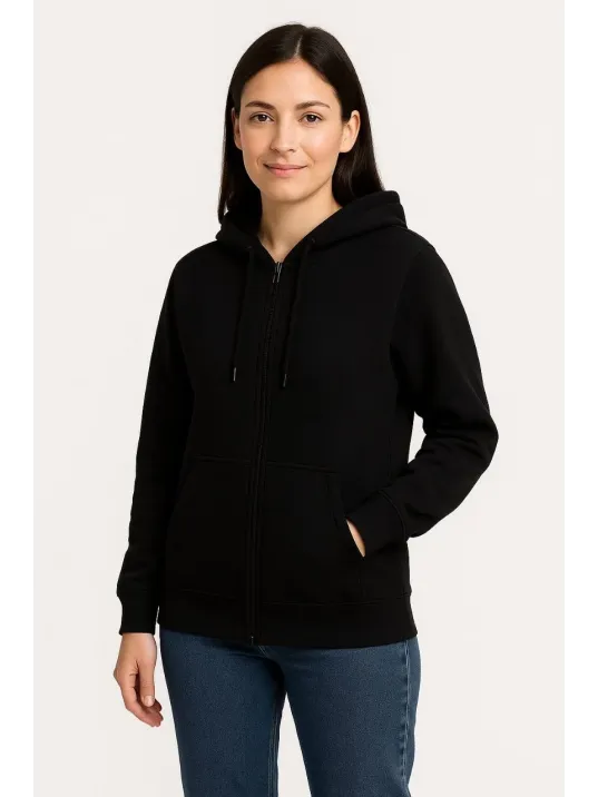 Kadın Üç İplik Kapüşonlu Tam Fermuarlı Kanguru Çepli SweatShirt Hoodie - Siyah Kadın Üç İplik Kapüşonlu Tam Fermuarlı Kanguru Çepli SweatShirt Hoodie - Siyah