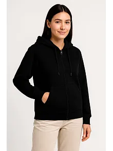 Kadın Üç İplik Kapüşonlu Tam Fermuarlı Kanguru Çepli Sweatshirt Hoodie - Siyah