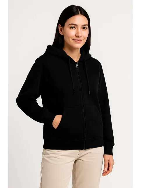 Kadın Üç İplik Kapüşonlu Tam Fermuarlı Kanguru Çepli Sweatshirt Hoodie - Siyah