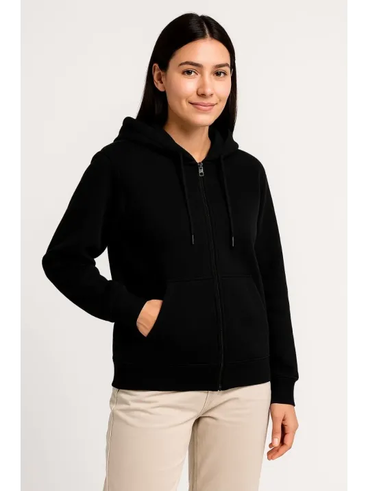Kadın Üç İplik Kapüşonlu Tam Fermuarlı Kanguru Çepli SweatShirt Hoodie - Siyah Kadın Üç İplik Kapüşonlu Tam Fermuarlı Kanguru Çepli SweatShirt Hoodie - Siyah