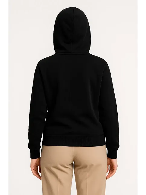 Kadın Üç İplik Kapüşonlu Tam Fermuarlı Kanguru Çepli Sweatshirt Hoodie - Siyah