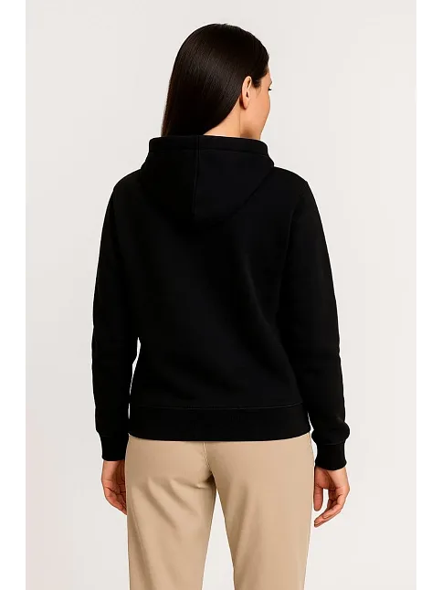 Kadın Üç İplik Kapüşonlu Tam Fermuarlı Kanguru Çepli Sweatshirt Hoodie - Siyah