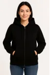 Kadın Üç İplik Kapüşonlu Tam Fermuarlı Kanguru Çepli Sweatshirt Hoodie - Siyah