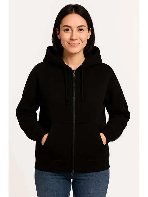 Kadın Üç İplik Kapüşonlu Tam Fermuarlı Kanguru Çepli Sweatshirt Hoodie - Siyah