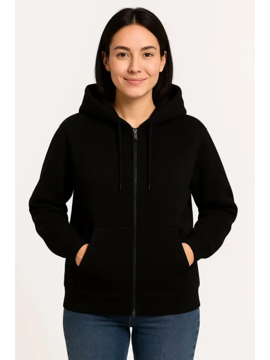 Kadın Üç İplik Kapüşonlu Tam Fermuarlı Kanguru Çepli SweatShirt Hoodie - Siyah Kadın Üç İplik Kapüşonlu Tam Fermuarlı Kanguru Çepli SweatShirt Hoodie - Siyah