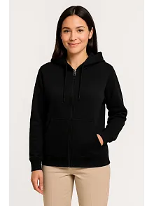 Kadın Üç İplik Kapüşonlu Tam Fermuarlı Kanguru Çepli Sweatshirt Hoodie - Siyah