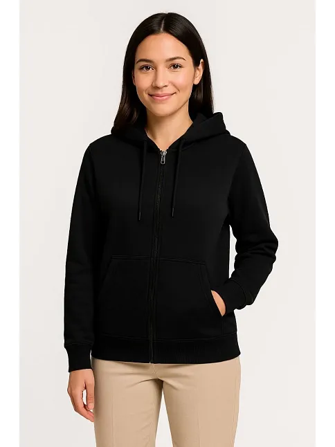 Kadın Üç İplik Kapüşonlu Tam Fermuarlı Kanguru Çepli Sweatshirt Hoodie - Siyah