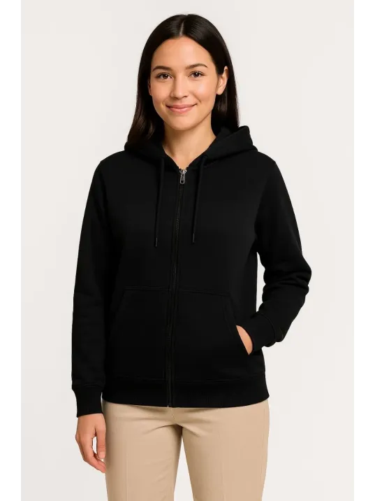 Kadın Üç İplik Kapüşonlu Tam Fermuarlı Kanguru Çepli SweatShirt Hoodie - Siyah Kadın Üç İplik Kapüşonlu Tam Fermuarlı Kanguru Çepli SweatShirt Hoodie - Siyah