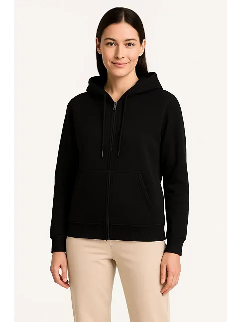 Kadın Üç İplik Kapüşonlu Tam Fermuarlı Kanguru Çepli Sweatshirt Hoodie - Siyah