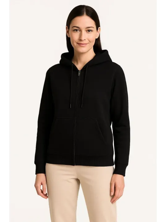 Kadın Üç İplik Kapüşonlu Tam Fermuarlı Kanguru Çepli SweatShirt Hoodie - Siyah Kadın Üç İplik Kapüşonlu Tam Fermuarlı Kanguru Çepli SweatShirt Hoodie - Siyah