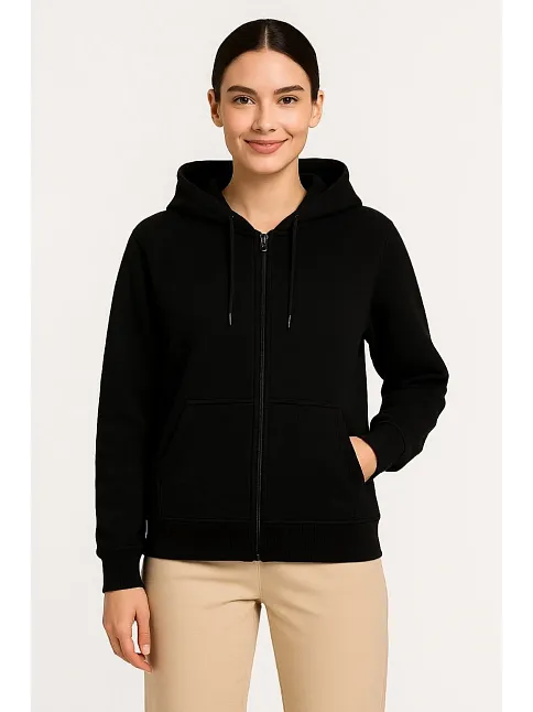 Kadın Üç İplik Kapüşonlu Tam Fermuarlı Kanguru Çepli Sweatshirt Hoodie - Siyah