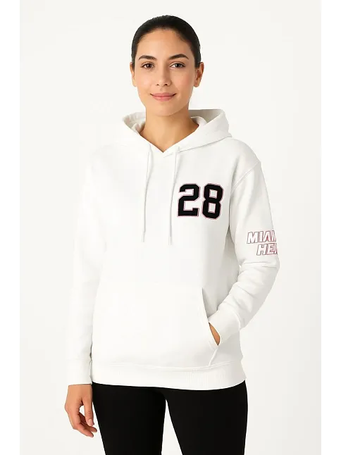 Kadın Üç İplik Kapüşonlu Ön Ve Arka Baskılı Sweatshirt Hoodie - Beyaz