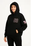 Kadın Üç İplik Kapüşonlu Ön Ve Arka Baskılı Sweatshirt Hoodie - Siyah