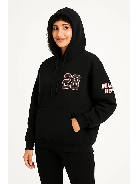 Kadın Üç İplik Kapüşonlu Ön Ve Arka Baskılı Sweatshirt Hoodie - Siyah