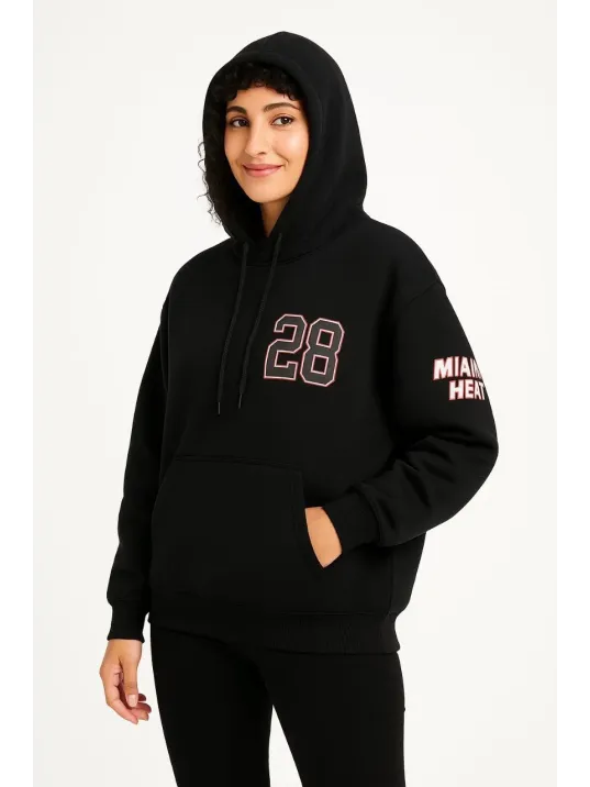 Kadın Üç İplik Kapüşonlu Ön ve Arka Baskılı SweatShirt hoodie - Siyah