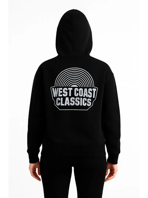 Kadın Kapşonlu Sweatshirt – Oversize Üç İplik Şardonlu Hoodie, “west Coast Classics” Ön & Arka Baskılı, Kanguru Cepli Kışlık Günlük Stil - Siyah