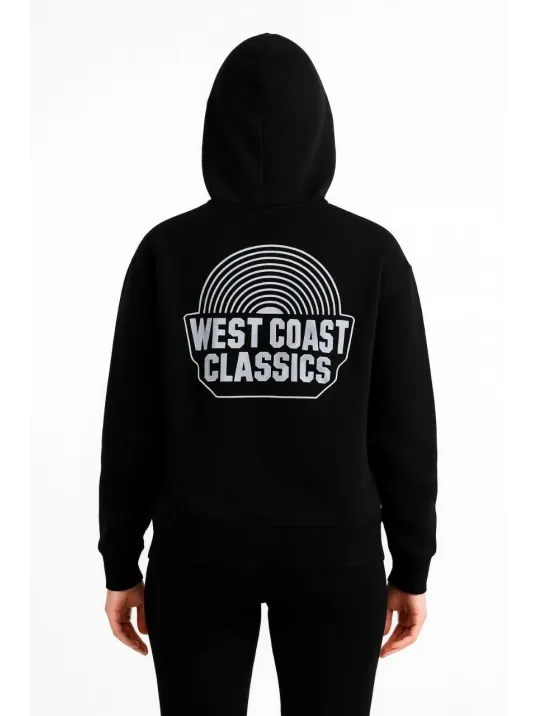 Kadın Kapşonlu Sweatshirt – Oversize Üç İplik Şardonlu Hoodie, “West Coast Classics” Ön & Arka Baskılı, Kanguru Cepli Kışlık Günlük Stil - Siyah