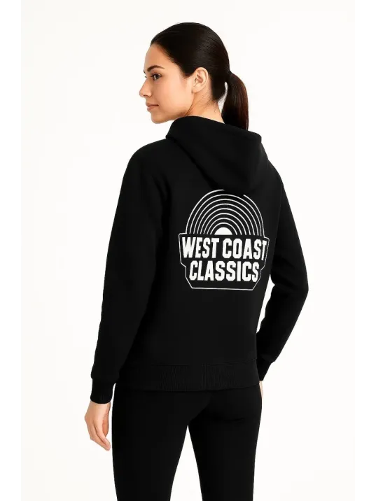 Kadın Kapşonlu Sweatshirt – Oversize Üç İplik Şardonlu Hoodie, “West Coast Classics” Ön & Arka Baskılı, Kanguru Cepli Kışlık Günlük Stil - Siyah