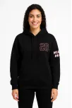 Kadın Üç İplik Kapüşonlu Ön Ve Arka Baskılı Sweatshirt Hoodie - Siyah