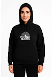 Kadın Kapşonlu Sweatshirt – Oversize Üç İplik Şardonlu Hoodie, “west Coast Classics” Ön & Arka Baskılı, Kanguru Cepli Kışlık Günlük Stil - Siyah