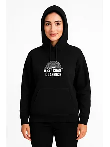 Kadın Kapşonlu Sweatshirt – Oversize Üç İplik Şardonlu Hoodie, “west Coast Classics” Ön & Arka Baskılı, Kanguru Cepli Kışlık Günlük Stil - Siyah